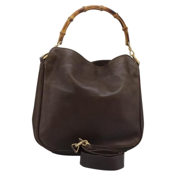 GUCCI Bamboo Hand Bag Leather 2way Brown Gold 001 1998 1638 Auth 111266 - Picture 1 of 15